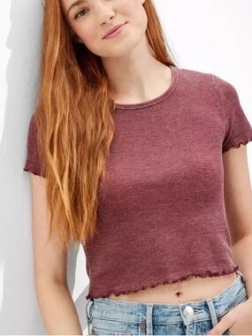 American Eagle Ribbed Lettuce-Edge Crop Tee